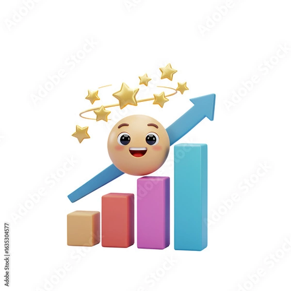 Fototapeta 3D Illustration of an Animated Face With Rising Graph And Upward Arrow