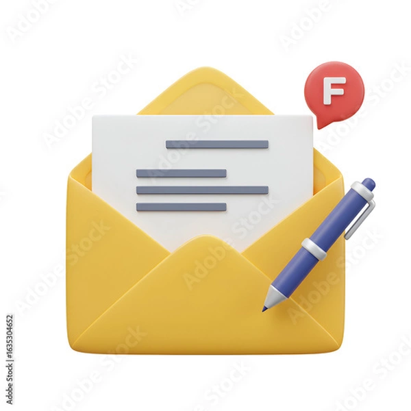 Fototapeta 3D Illustration Of An Open Yellow Envelope With Message Pen And Notification