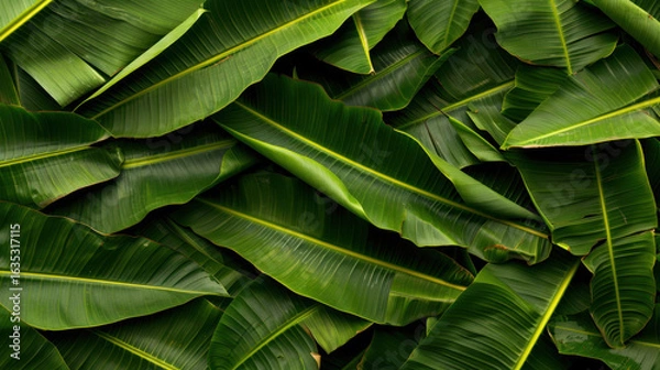 Fototapeta Lush green banana leaves create vibrant and tropical backdrop, showcasing their rich textures and varying shades of green. This natural arrangement evokes sense of tranquility and freshness