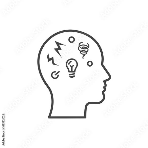 Obraz Outline of a human head with symbols representing thoughts and ideas.