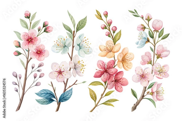 Fototapeta set of watercolor Blossom Branch vector illustration isolated on white background