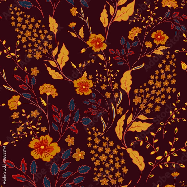 Fototapeta Vector seamless bright colorful gentle hand drawn little ditsy flower pattern. Bright floral allover print on black background