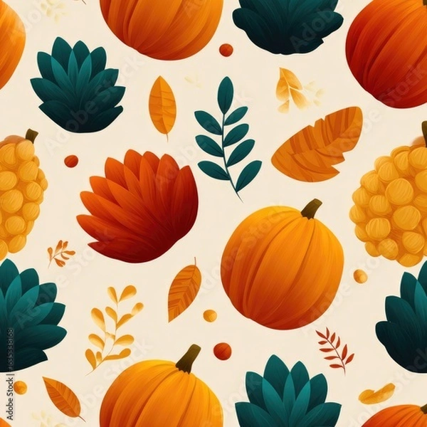 Fototapeta Autumnal design with pumpkins, leaves, and flowers.