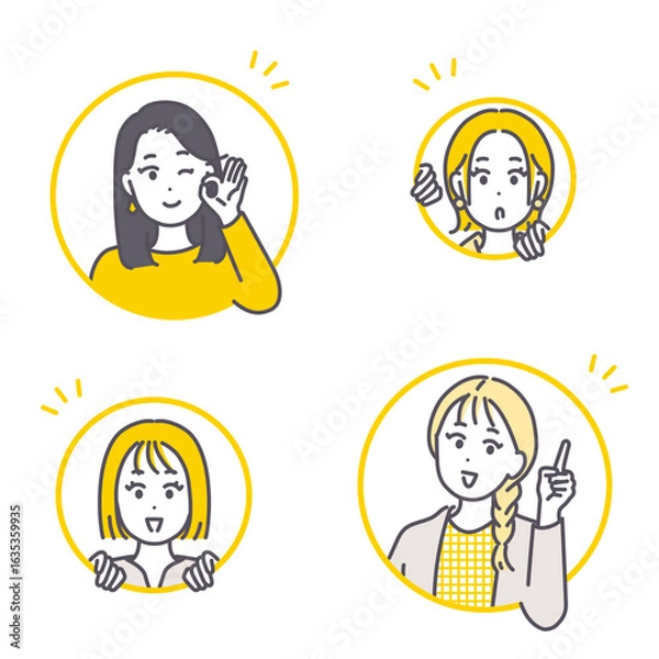 Obraz 若い女性が色々なポーズでお知らせしているイラスト素材