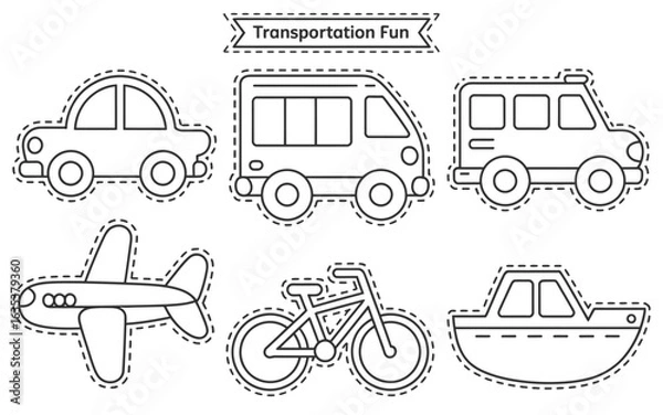 Fototapeta Scissor Skills Transportation Themed Cutouts With Dashed Lines airplane