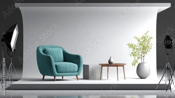 Fototapeta Studio setting with teal armchair, table, plant, and backdrop illuminated by lights