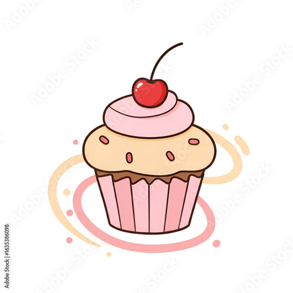 Obraz Cartoon Cupcake Dessert With Cherry And Pink Frosting Illustration Isolated