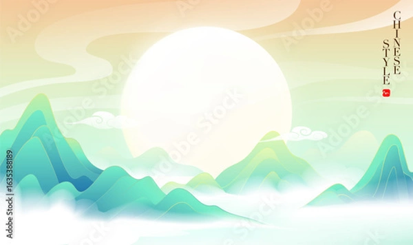 Fototapeta Horizontal edition of Chinese wind and landscape illustration of a full moon in the mountains