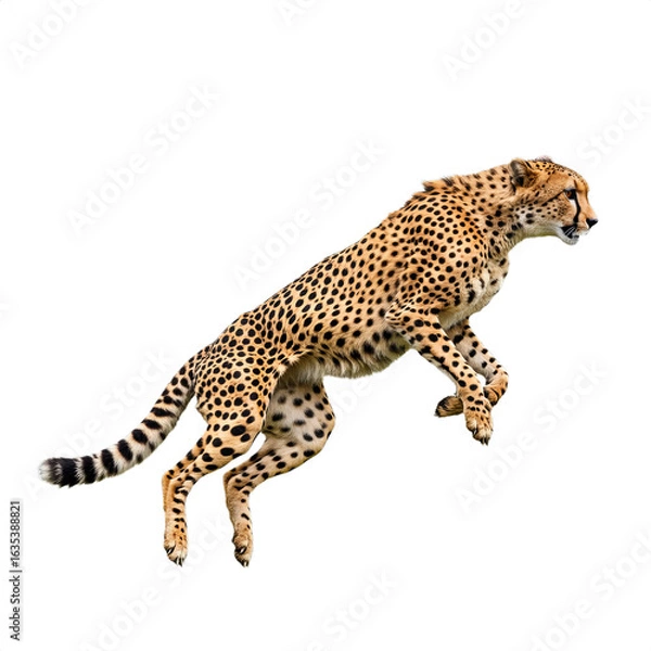 Obraz Fast cheetah captured mid-jump, isolated on a transparent background, highlighting its slender body, spotted coat, and incredible speed, perfect for wildlife, sports, and dynamic action design project