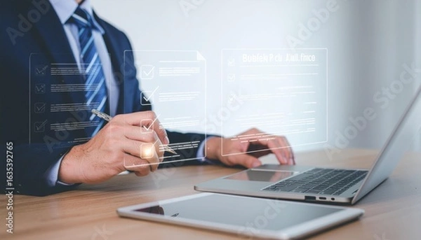 Fototapeta Modern businessman reviewing digital checklist and using laptop for efficient workflow solutions today