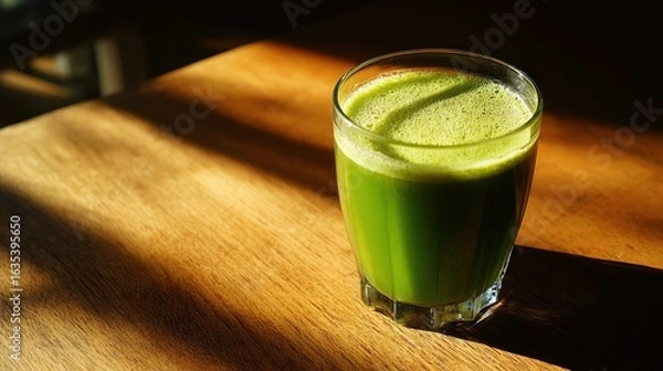 Fototapeta Refreshing Green Smoothie in Glass on Wooden Table with Natural Light Highlighting Textures and Shadows for Healthy Lifestyle and Nutrition Concept