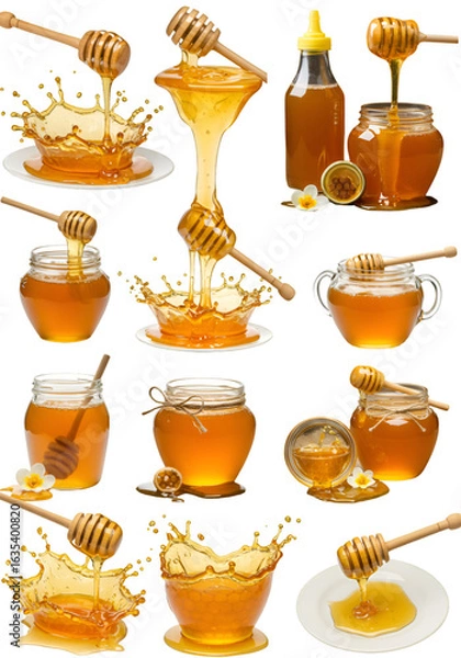 Fototapeta Collection of Honey in Glass Jars and Bottles with Wooden Dippers on Transparent Background