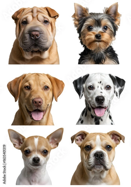 Fototapeta Collection Of Six Different Dog Breeds Portraits With Transparent Background