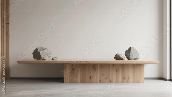 Obraz The wooden tabletop by the indoor window, adorned with stone ornaments, creates a decorative scene