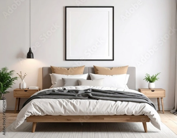 Obraz Serene Bedroom Interior with Blank Frame Minimalist Design and Natural Light.
