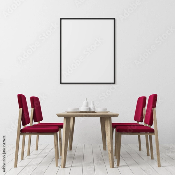 Fototapeta White floor dining room, red chairs