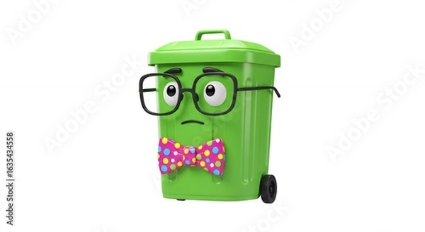 Fototapeta Animated sad garbage can with glasses and bowtie
