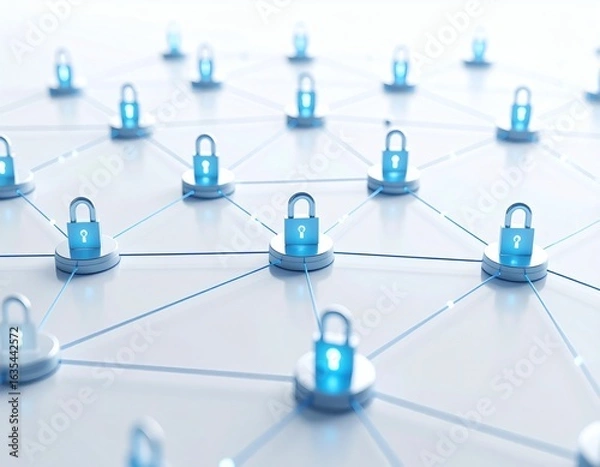 Fototapeta Cybersecurity concept with a decentralized network of interconnected nodes secured by glowing digital padlocks.