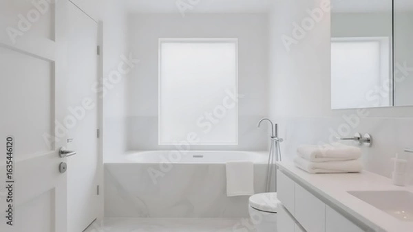 Obraz Modern minimalist bathroom with a large bathtub, white fixtures, and natural light from a frosted window.