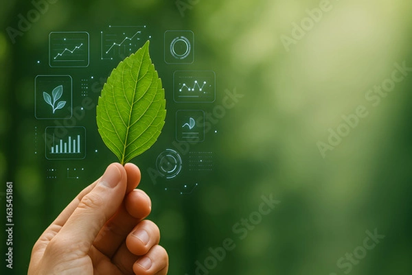 Fototapeta Hand Holding Green Leaf with Holographic Data Analysis Interface
