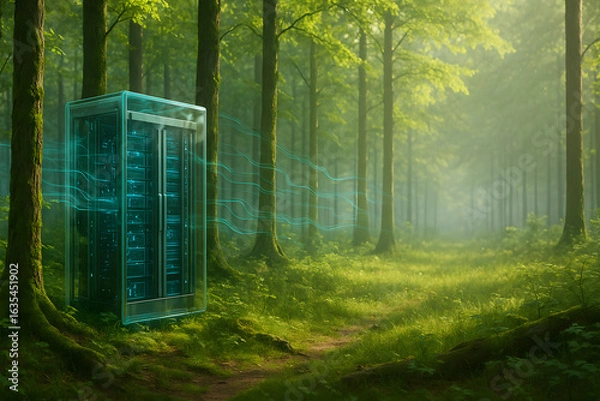 Obraz Futuristic Transparent Data Server Integrated into a Lush Forest