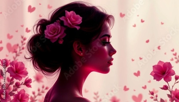 Fototapeta A close up portrait of a woman with her eyes closed against a backdrop of pink flowers. Her hair is styled in an updo and she has a soft expression