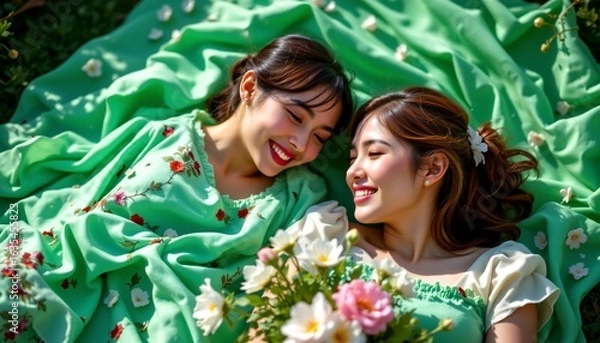 Fototapeta Two women lying down in a field of green plants, smiling at each other. They are surrounded by brightly colored flowers, specifically roses with vibrant pink petals