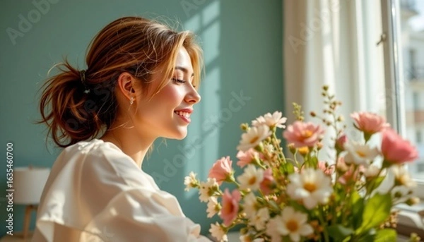 Fototapeta A serene moment of a woman in a room with a window and flowers. She is seated at a table, smiling and looking out the window, exuding an air of contentment.