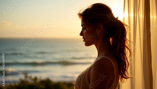 Fototapeta A woman stands against a window with curtains, looking out over an ocean view at sunset