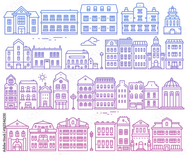 Fototapeta Big vector set of different urban structures. Illustration of color european detailed buildings on white background.