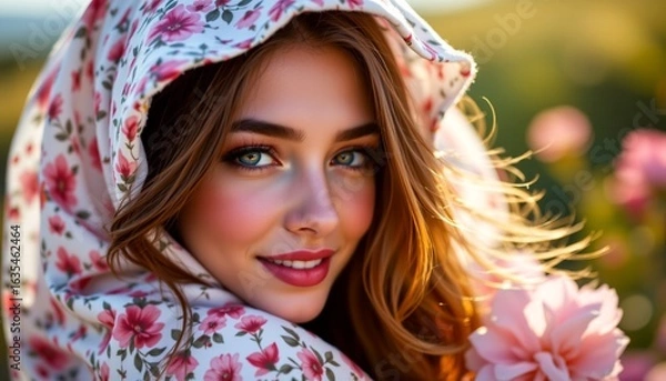 Fototapeta A woman in a field of flowers. She is wearing a floral hoodie and has her hair styled. Her makeup is done with natural shades, and she appears to be smiling at the camera
