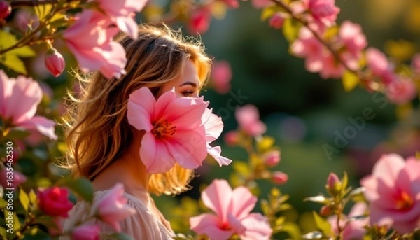 Fototapeta A tranquil garden scene featuring a woman partially obscured by blooming pink flowers