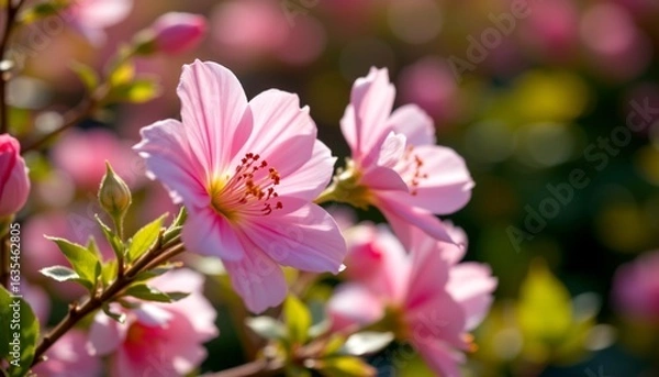 Fototapeta A vibrant display of pink flowers in full bloom, showcasing their delicate petals and lush green leaves set against a clear blue sky.