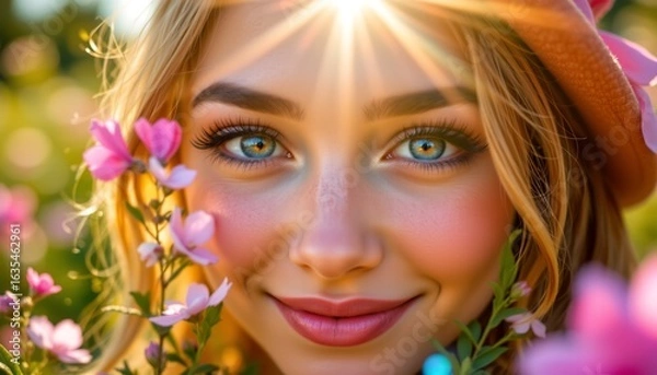 Fototapeta A young woman enjoying her time in a flowery field. She's smiling, looking into the distance, perhaps admiring the beautiful surroundings or lost in thought