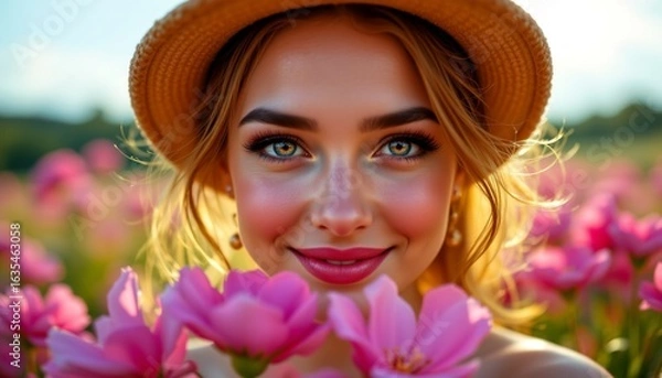 Fototapeta A young woman standing amidst a vibrant field of pink flowers. She is holding her face close to a cluster of flowers, capturing the essence of springtime