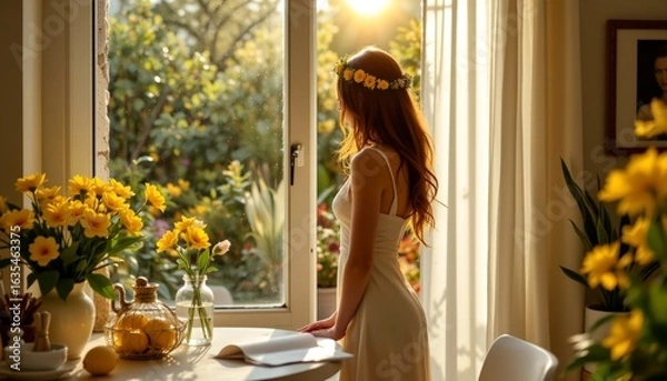 Fototapeta A serene moment of a woman standing by an open window, bathed in sunlight filtering through the glass