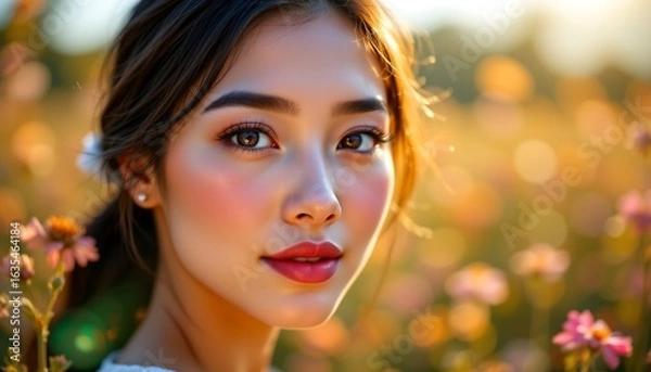 Fototapeta A close up portrait of a woman against a blurred background of flowers. She appears to be in an outdoor setting with natural light illuminating her face