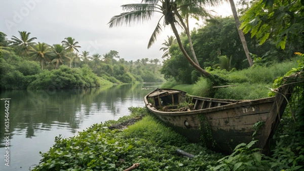 Fototapeta Abandoned Boat in Lush Tropical Backwater