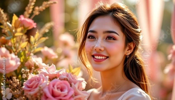 Fototapeta A woman standing amidst a field of pink flowers. She is smiling and looking directly at the camera