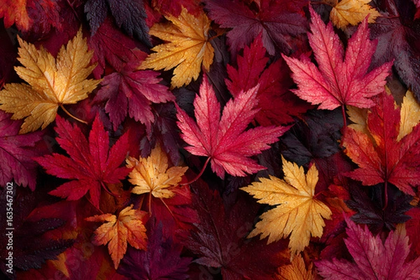 Fototapeta Overhead perspective of autumn forest floor blanketed with crimson and amber maple leaves, ultra-sharp 8K resolution for nature-themed website headers or fall festival promotional posters.