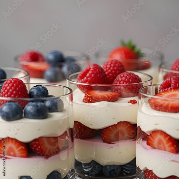 Fototapeta Photo Close Up of Layered Dessert in Clear Glasses with Berries