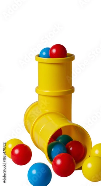 Fototapeta Isolated Yellow Cylindrical Toy And Scattered Colorful Balls On Transparent Background Illustration