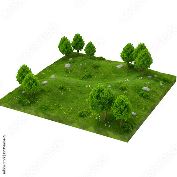 Fototapeta Isometric 3D Illustration of a Green Landscape with Trees and Grass on Transparent Background
