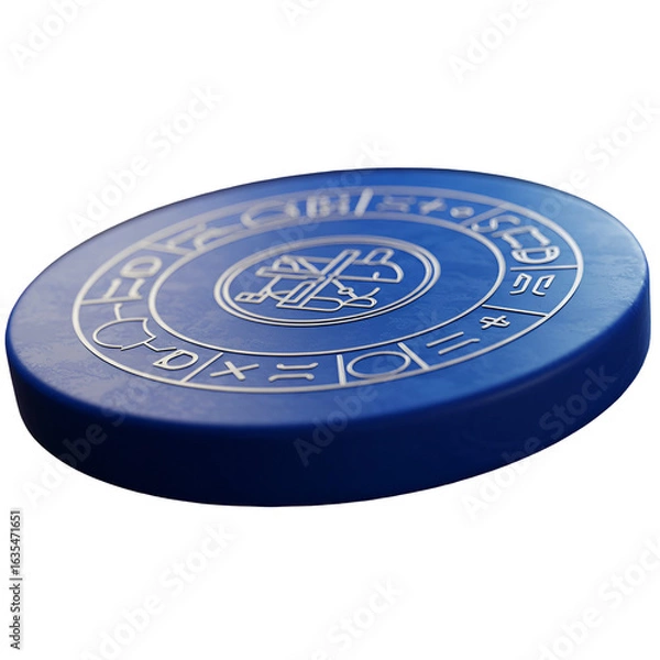 Fototapeta Isometric Rendered Blue Coin with Engraved Symbols Isolated on Black Background