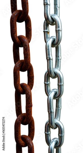 Fototapeta Juxtaposition of Rusty Brown and Shiny Silver Chains Against Black Background