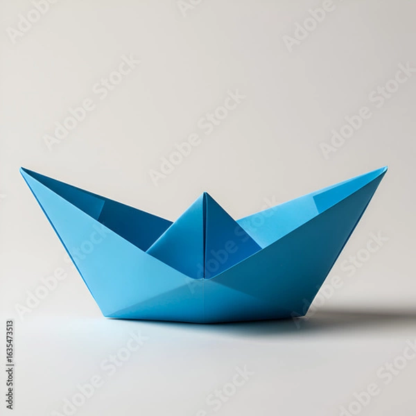 Fototapeta Photo Of A Blue Paper Boat Origami On White Background With Soft Shadows