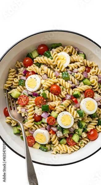 Fototapeta Pasta Salad Overhead Photo Featuring Tomatoes Eggs and Cucumbers