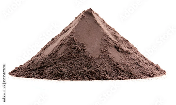 Fototapeta A conical heap of fine, dark brown powder isolated on a plain white background.