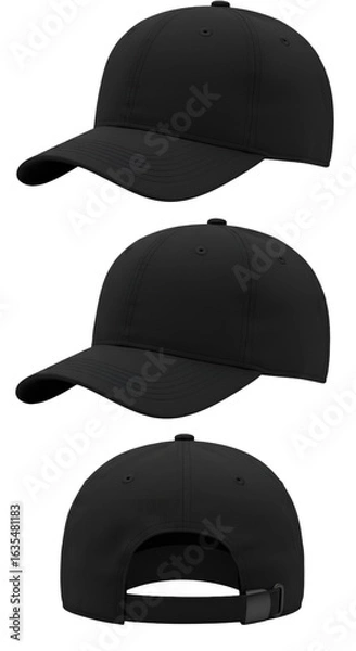 Fototapeta Isolated Black Baseball Caps in Multiple Views on Transparent Background