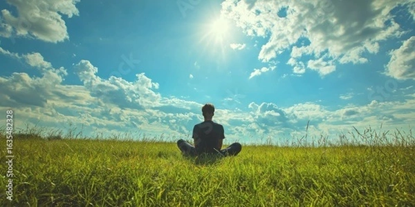 Fototapeta A peaceful countryside field where a person relaxes on soft green grass, watching the clouds